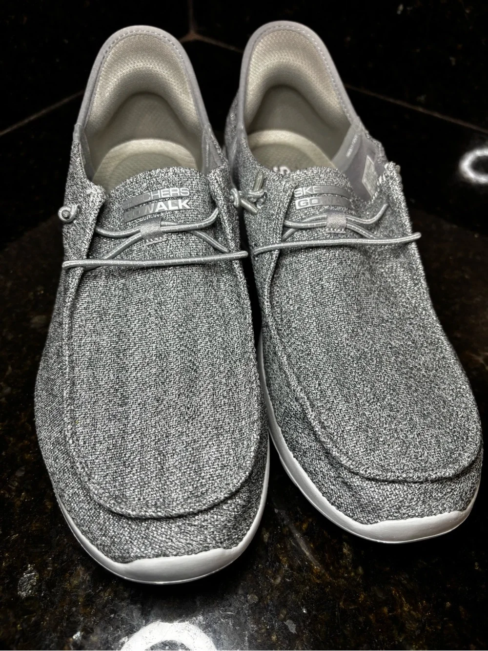 SKECHERS GOWALK Slip Ins Women’s Sparkly Gray Casual Sneakers